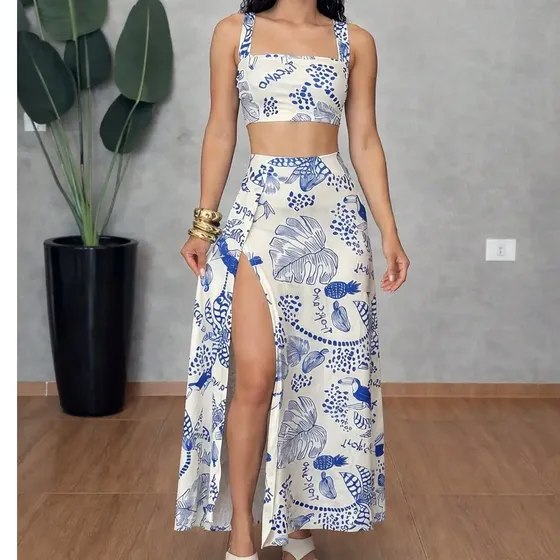 Conjunto Feminino Estampado Verão Cropped Saia Longa Fenda