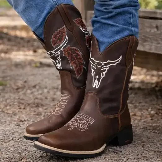 Bota Masculina Texana Marrom Boi Bordada Touro Pena