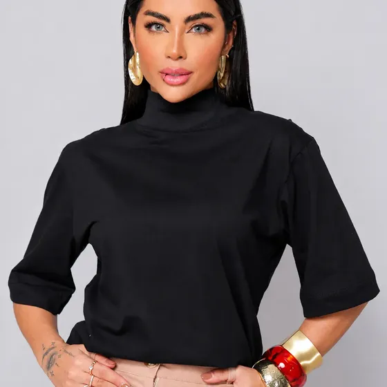 T-shirt Feminina Gola Alta Manga 3/4