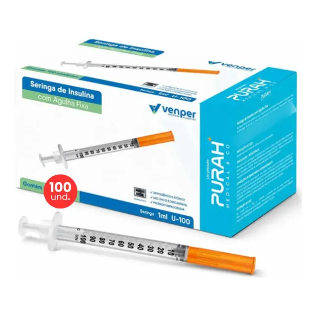 100 Seringa Insulina Venper Agulha Fixa 1ml 6x0,25mm 31g 1 Ml