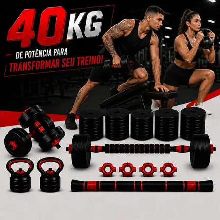 Halteres 40kg Barra Anilhas Kit Musculação Kettlebell Kit 40 Preto