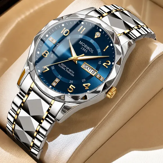 Relógio Masculino Mobwol Prata Dourado Fundo Azul Calendário
