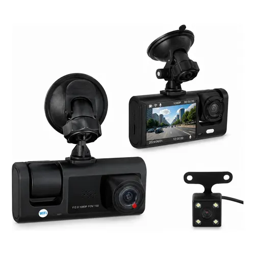 Câmera Veicular Dashcam 3 Lentes Gravação Automotiva Dvr Full Hd Sensor G Visão Noturna 3 Canais Frontal Interna Traseira Ré Motorista Aplicativo 99 Uber 1296p Wi-fi