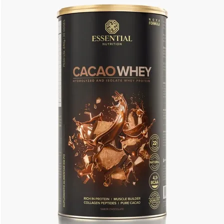 Cacao Whey Hidrolisado e Isolado Sabor Chocolate da Essential Nutrition 840g Com 30 Doses