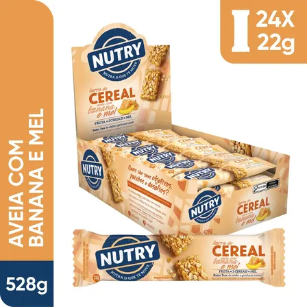 Barra De Cereais Nutry Aveia Com Banana E Mel 22g - Display Com 24 Unidades - Com 3 Cereais, Fruta E Mel