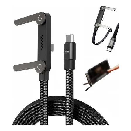 Cabo Carregamento Rápido 240w Dados Com Suporte Dobrável Celular Preto