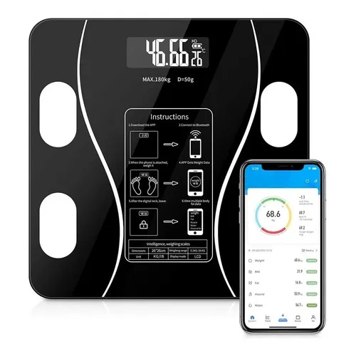 Balança Corporal Bluetooth Vidro Temperado Banho Preto