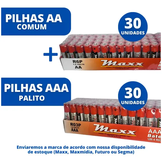 Pilhas Kit 30 Comum Aa + 30 Palito Combo Aaa