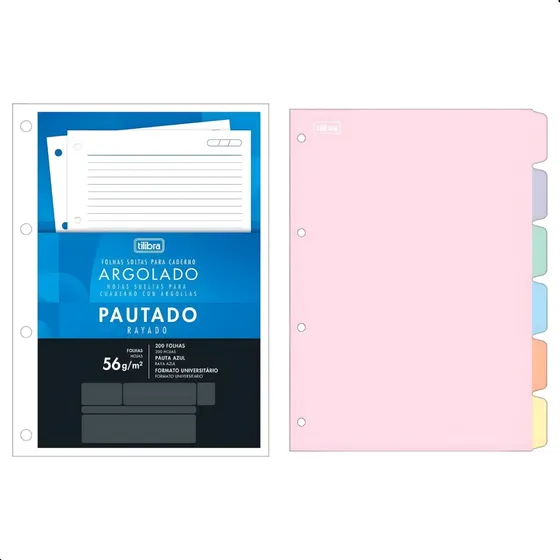 Kit Fichário Refil 200 Folhas + 6 Divisórias Tilibra Pastel