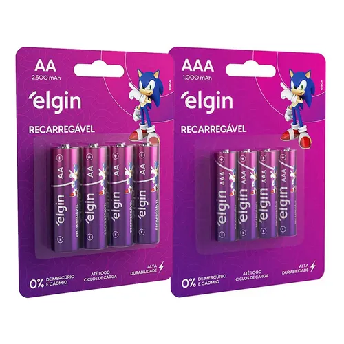 Kit 8 Pilhas Recarregável Elgin 4 Aa 2500mah + 4 Aaa 1000mah