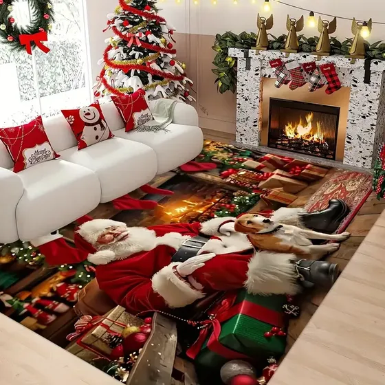 Tapete Vermelho, Dourado E Branco, Papai Noel, Flocos De Nat 1.3 M 1 M 9