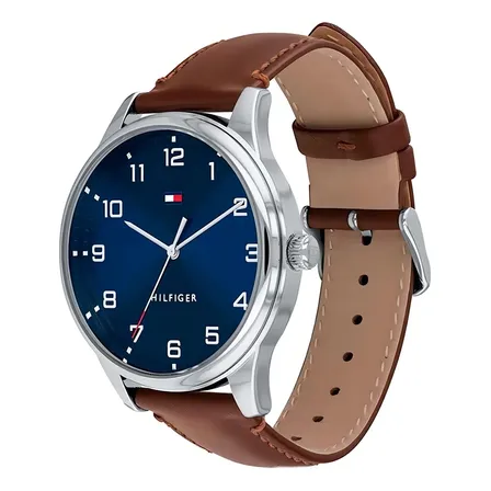 Relógio Masculino Tommy Hilfiger Essentials 1791659 De Couro Marrom Prateado Azul