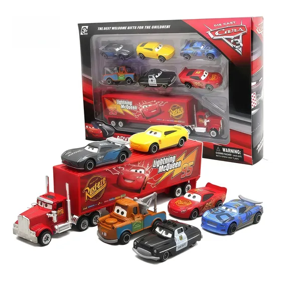 Conjunto Com 7 Carrinhos Metálicos Carros Com Reboque 7-pcs Set In Color Box