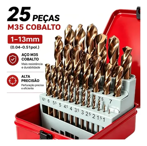 Kit 25 Peças Jogo De Brocas P/ Ferro C/ Caixa Metálica