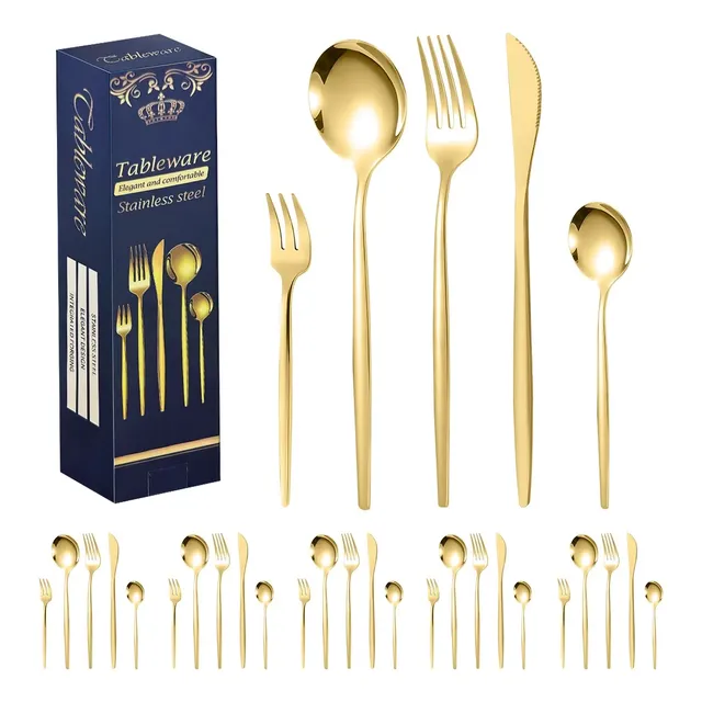 30 Peças De Louça De Aço Inoxidável Dourado Com Caixa De Pre Dourado