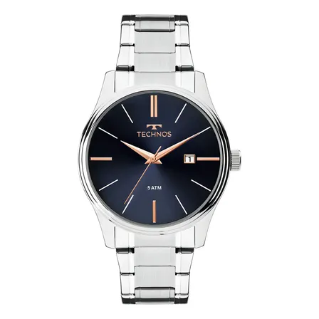 Relógio Technos Classic Masculino De Aço Inoxidável Prata Com Fundo Azul Prateado
