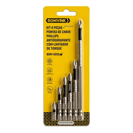 Kit 6 Pontas Phillips Antiderrapante Magnética Ph2 1/4 S2
