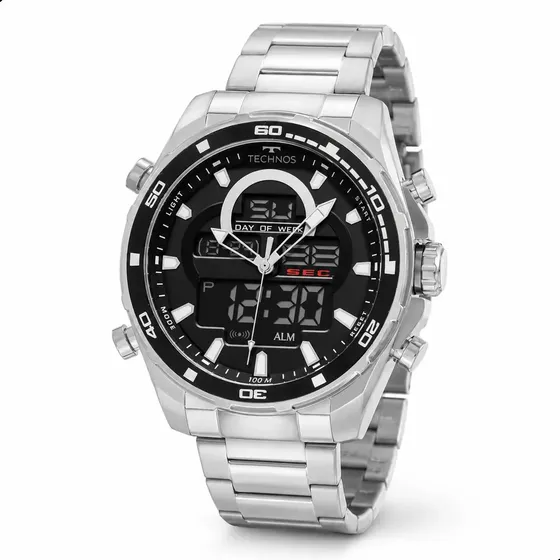 Relógio Technos Masculino BJK626AA/1K 50 Milímetros Anadigi Prata Todo em Aço Inox com Cronógrafo Alarme Calendário Prova D´agua 100m