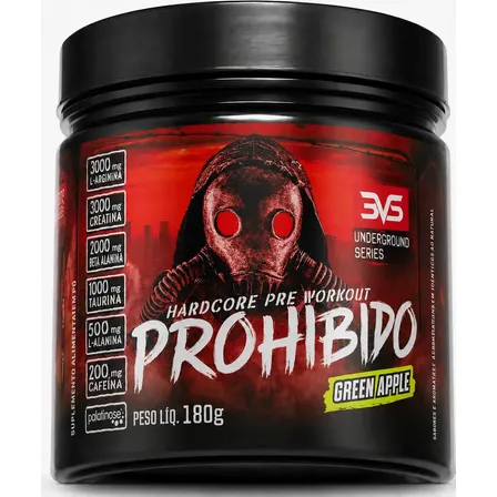 Pré Treino Prohibido 180g Sabor Green Apple - Fórmula Avançada Contendo Creatina, Beta Alanina, Taurina, L-tirosina, L-alanina, Cafeína, Arginina E Palatinose - Extra Forte Maçã Verde