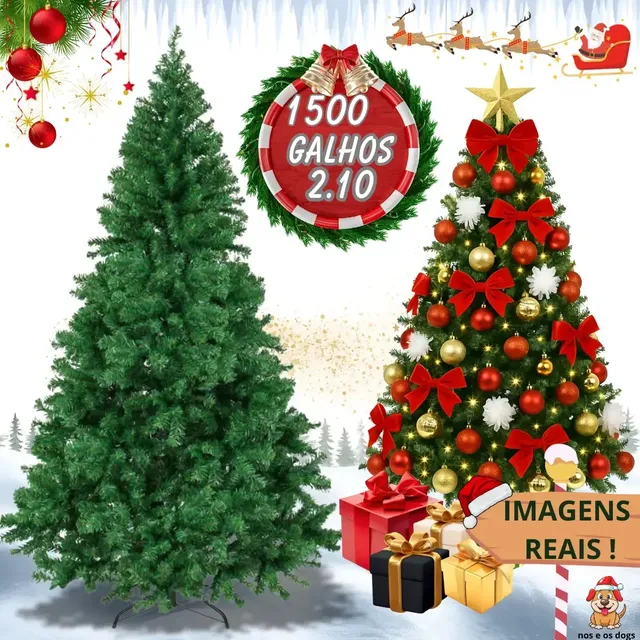 Árvore De Natal Pinheiro Luxo 2,10m 1500 Galhos Tradicional Verde Premium Grande Cheia Decoração Natalina Realista Base Reforçada Nos E Os Dogs