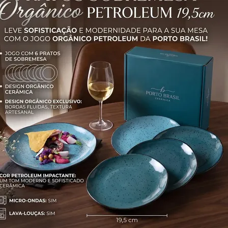 Jogo 6 Pratos Sobremesa Orgânico Petroleum 19,5cm Porto Brasil Petróleo Geométrico