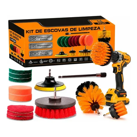 Kit Escovas Rotativas Lavar Sofás Tecidos Couros 14 Peças Para Furadeira Parafusadeira Limpeza Geral Estofados Carro Colchão | Indmaq Amarelo, Vermelho, Verde, Laranja