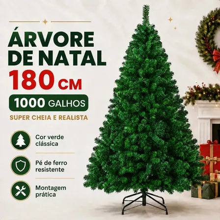 Árvore de Natal Verde Premium 180 cm com 1000 Galhos Cheios e Pé de Ferro Atelier Enovelada
