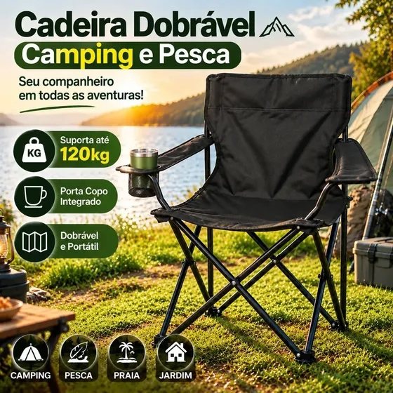 Cadeira Dobrável Camping Pesca Com Porta Copo Bolsa Portátil Resistente Até 120kg Para Praia Jardim E Lazer Preto
