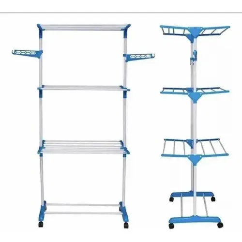 Varal De Chão Aço 3 Andares Dobrável Retrátil Resistente Multiuso Grande Super Pratico Para Roupas Com 4 Rodas Vertical Compacto Let Azul