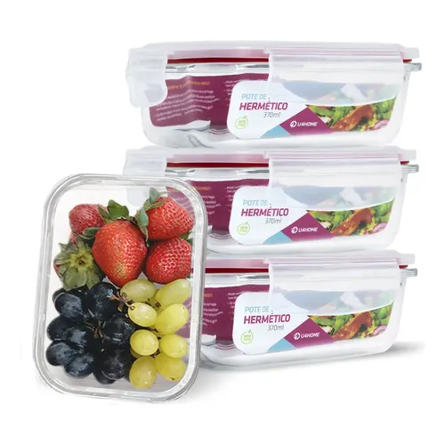 Conjunto 4 Potes de Vidro Hermético Marmita 370ml com Trava Cor Vermelho