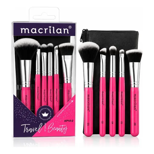 Kit De Pincéis De Maquiagem Travel Beauty Macrilan Cor Rosa