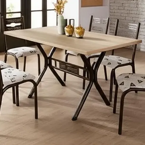 Conjunto Mesa Sala Jantar Ciplafe Luna 6 Cadeiras Aço Tampo Madeira Bege