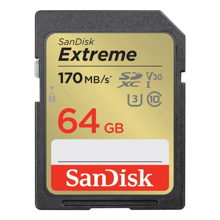 Cartão Memória Sd Sandisk 64gb Extreme 170mbs C10 V30 Uhd 4k