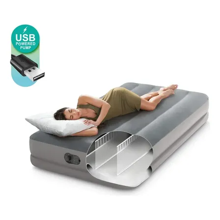 Colchão Inflável Intex Solteiro Dura Beam Fibertech 64112 Bomba Usb Cor Cinza