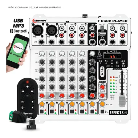 Mesa De Som Player T0602 Taramps Efeito Echo Fx Rca Xlr P10 T 0602 6 Entradas Mixer Equalizador Mp3 Usb Fm Bluetooth 6 Canais Som Automotivo 12v
