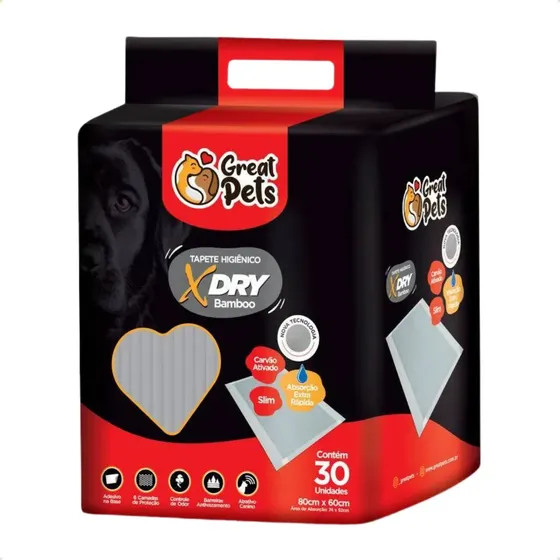Tapete Higiênico Great Pets X Dry Slim 60x80cm 30 Unidades Carvão Ativado