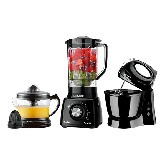 Kit Cozinha Mondial Liquidificador Batedeira E Espremedor Kt-105-b Preto 220v
