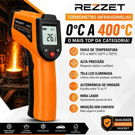 Termômetro Infravermelho Digital Laser Rezzet 0°C a 400°C Sem Contato Alta Precisão + Pilhas