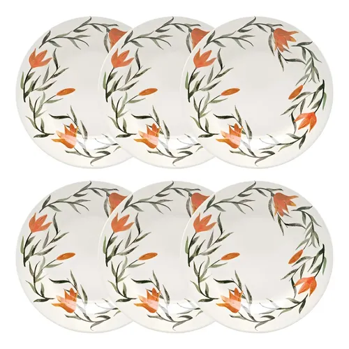 Conjunto 6 Pratos Rasos 24cm Cerâmica Lírios Donna Biona Coloridos