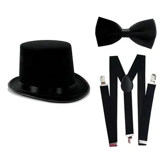Cartola Chapéu + Gravata Borboleta + Suspensório Cor Preto