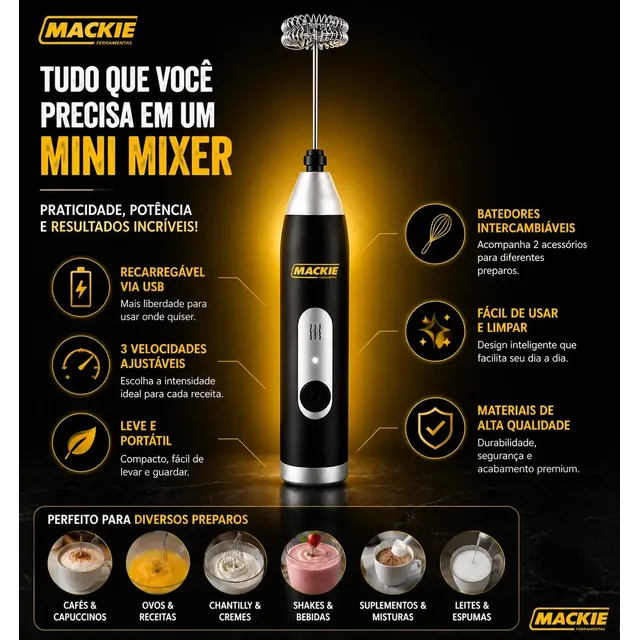 Mini Mixer Elétrico Portátil Misturador De Bebidas Café Leite Cappuccino Whey Protein Shake Ovos Espumador Batedor Fouet Inox Compacto Cozinha Drinks Mackie Ferramentas