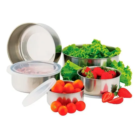 Conjunto Tigelas Aço Inox Huvi 5 Pcs C/ Tampa Cozinha Prateado