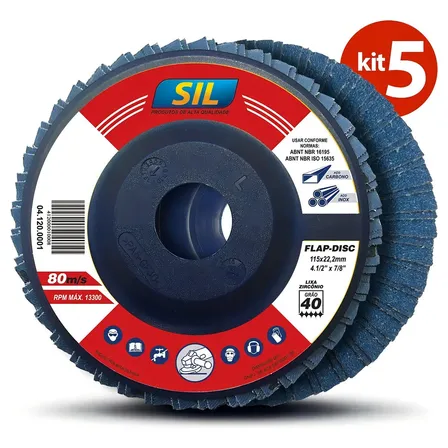 Kit 5 Discos De Lixa Flap Sil 4.1/2'' 115mm Zircônio Grão 40