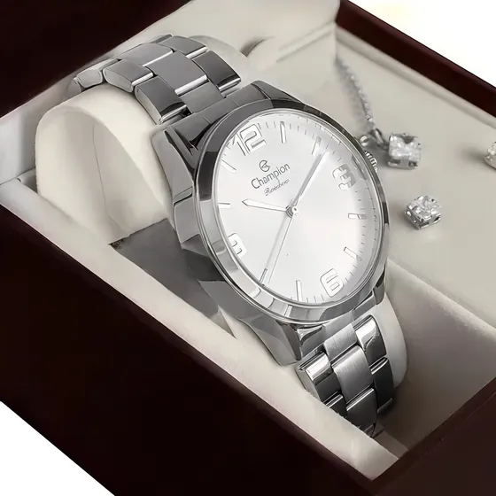 Relógio Champion Feminino Analógico Prata com Pulseira Aço Inox e Kit Colar Brincos