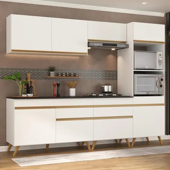 Armário de Cozinha Completa Modulada Retrô 5 peças Balcão com Tampo e Torre Quente para Forno e Micro-ondas MP3713 Veneza GW Multimóveis Branca