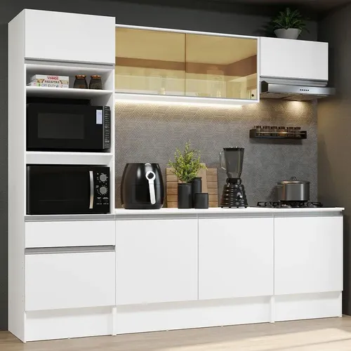 Armário de Cozinha Completa Modulada Diamante Madesa Com Armário Torre E Balcão com Tampo para Cooktop B Cor Branco