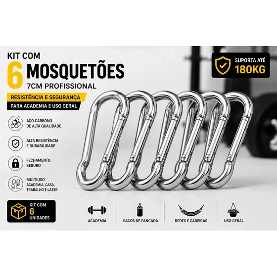 6 Unidade Mosquetão 7cm Suporta 180kg Academia Profissional