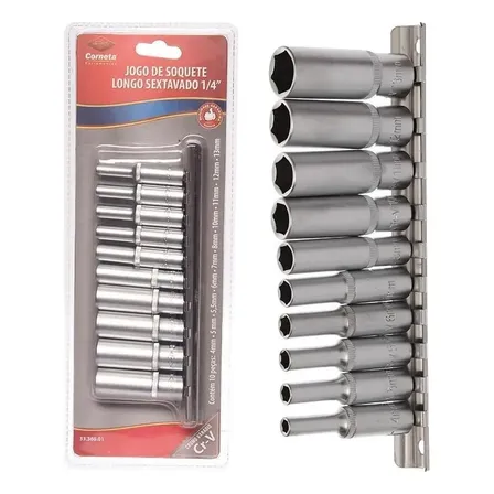 Jogo 10pçs Soquete Pito Longo Sextavado 1/4 Corneta 4 A 13mm