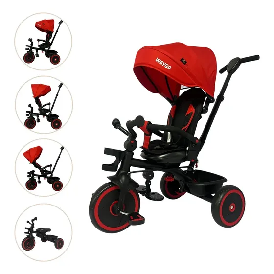 Triciclo Infantil de Bebê com Pedal e Puxador Waygo Vermelho e Preto Replay Kids