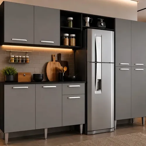 Cozinha Compacta C/ Armário Pequim Up Multimóveis Pt/lc Fumê Cor Preto/Lacca Fumê